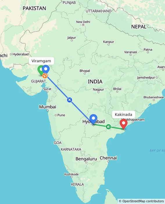 Route map showing distance and travel time from Viramgam, India to Kakinada, India