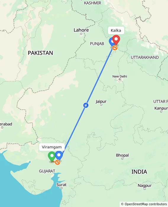 Route map showing distance and travel time from Viramgam, India to Kalka, India