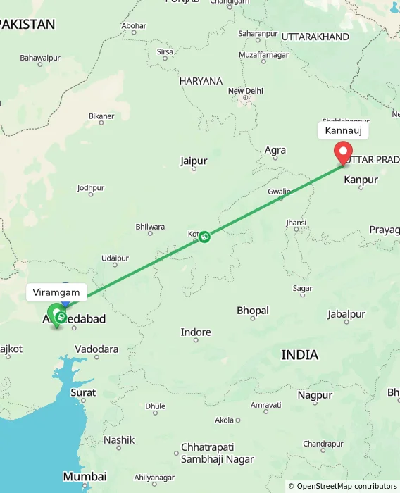 Route map showing distance and travel time from Viramgam, India to Kannauj, India
