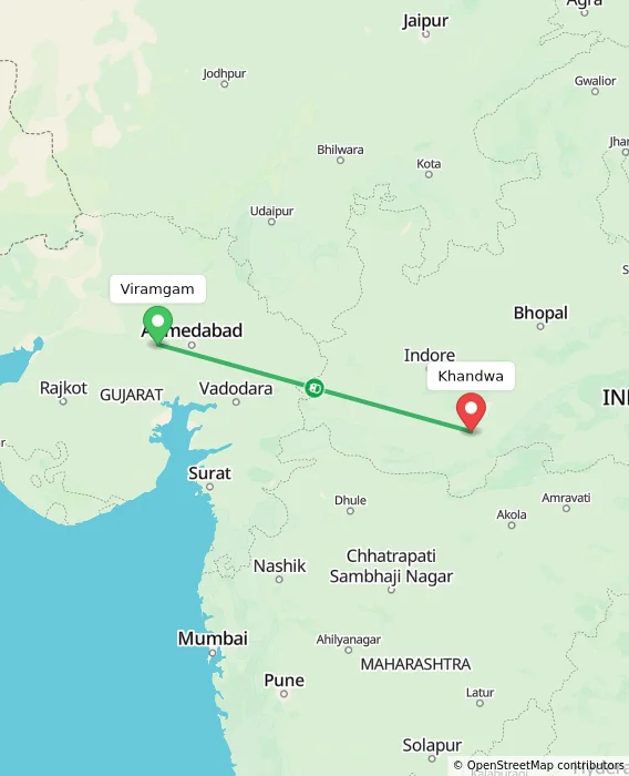 Route map showing distance and travel time from Viramgam, India to Khandwa, India
