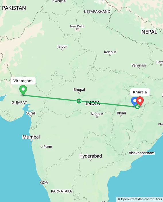 Route map showing distance and travel time from Viramgam, India to Kharsia, India