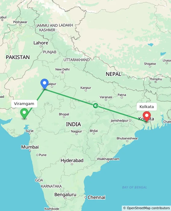 Route map showing distance and travel time from Viramgam, India to Kolkata, India