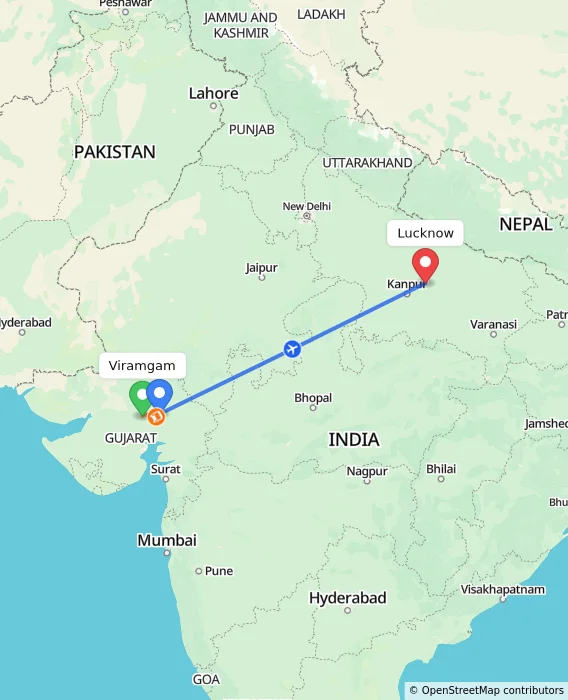 Route map showing distance and travel time from Viramgam, India to Lucknow, India