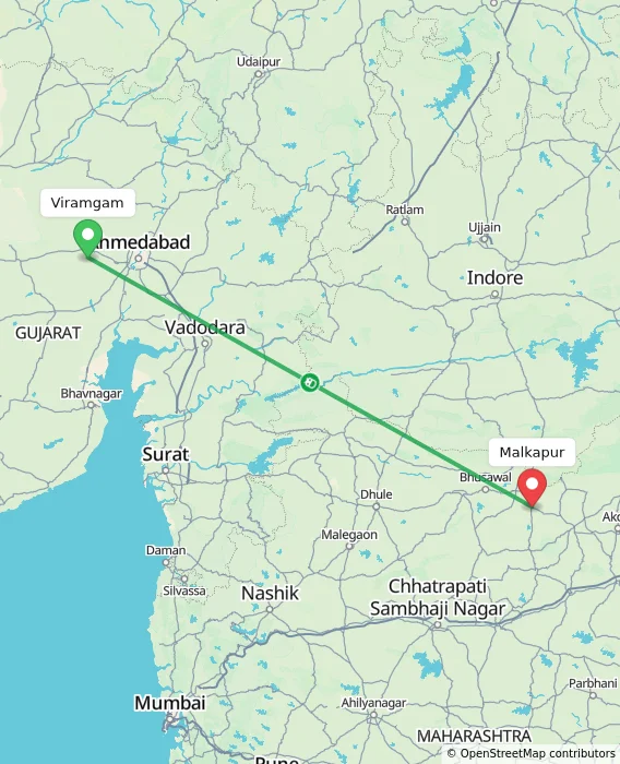 Route map showing distance and travel time from Viramgam, India to Malkapur, India