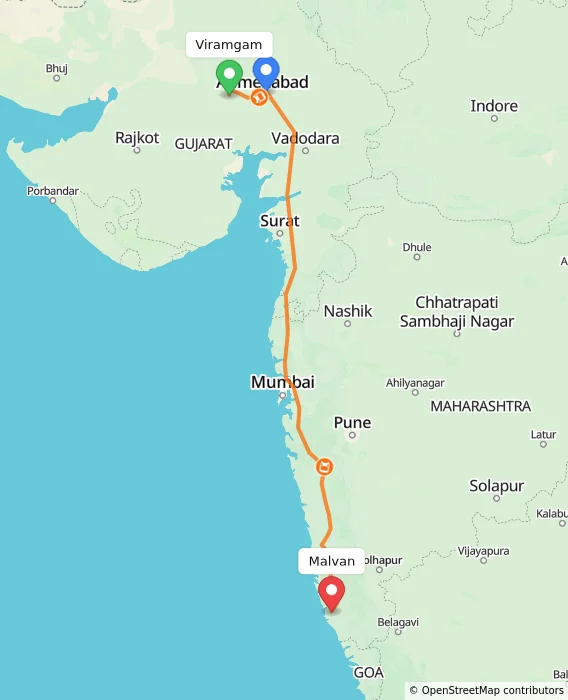 Route map showing distance and travel time from Viramgam, India to Malvan, India