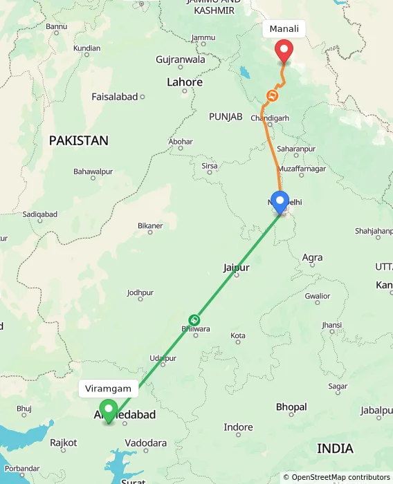 Route map showing distance and travel time from Viramgam, India to Manali, India