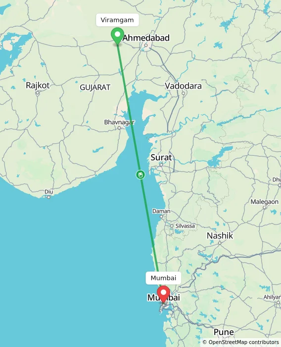 Route map showing distance and travel time from Viramgam, India to Mumbai, India