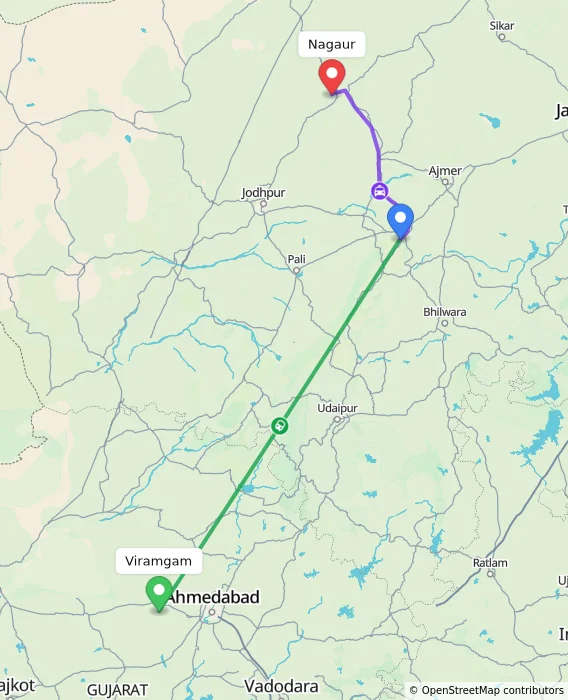 Route map showing distance and travel time from Viramgam, India to Nagaur, India