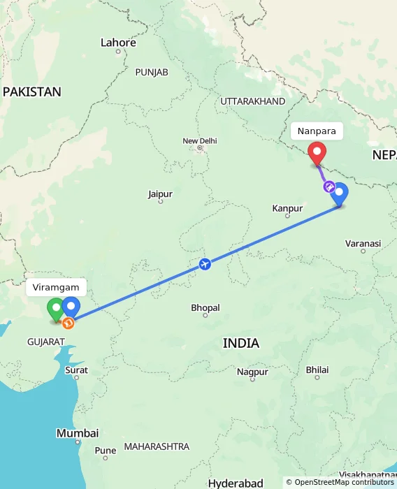 Route map showing distance and travel time from Viramgam, India to Nanpara, India