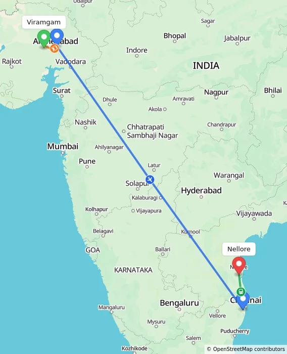Route map showing distance and travel time from Viramgam, India to Nellore, India