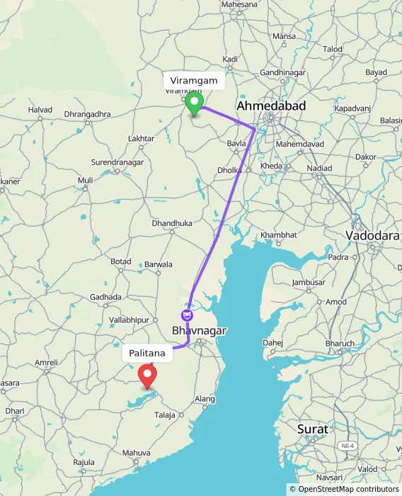 Route map showing distance and travel time from Viramgam, India to Palitana, India