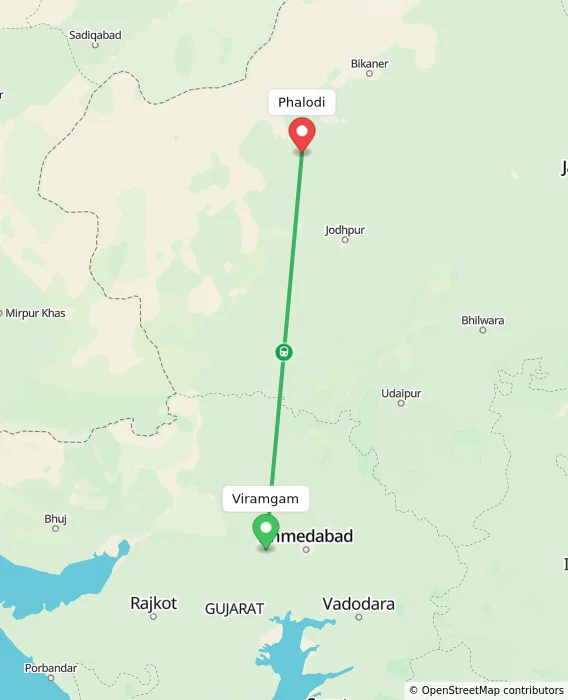 Route map showing distance and travel time from Viramgam, India to Phalodi, India