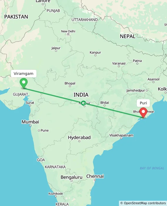 Route map showing distance and travel time from Viramgam, India to Puri, India