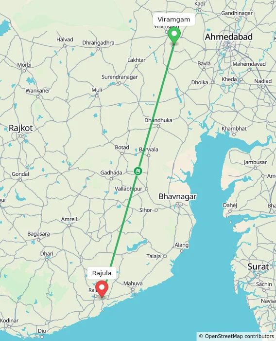 Route map showing distance and travel time from Viramgam, India to Rajula, India