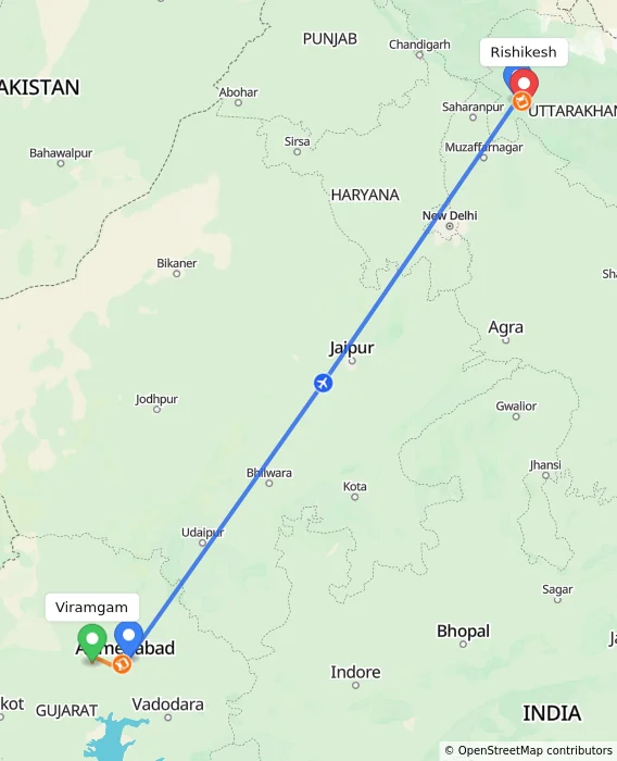 Route map showing distance and travel time from Viramgam, India to Rishikesh, India