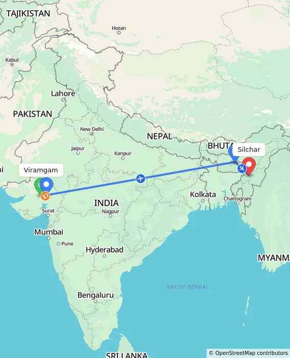 Route map showing distance and travel time from Viramgam, India to Silchar, India