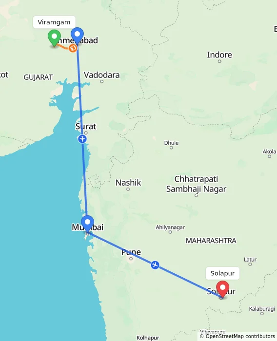 Route map showing distance and travel time from Viramgam, India to Solapur, India
