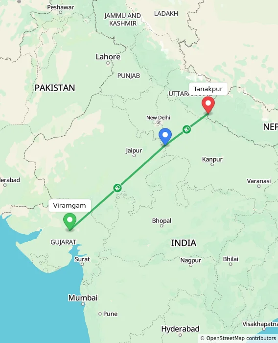 Route map showing distance and travel time from Viramgam, India to Tanakpur, India