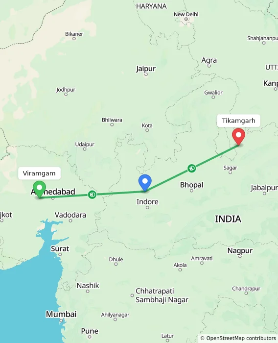 Route map showing distance and travel time from Viramgam, India to Tikamgarh, India