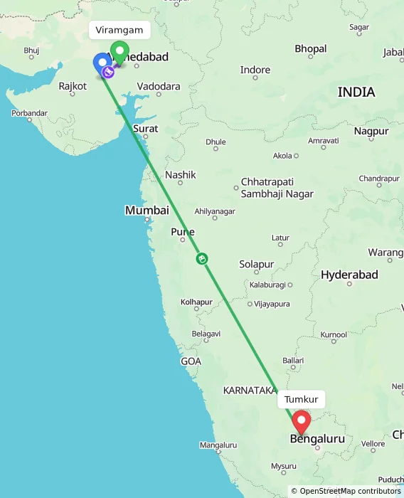 Route map showing distance and travel time from Viramgam, India to Tumkur, India