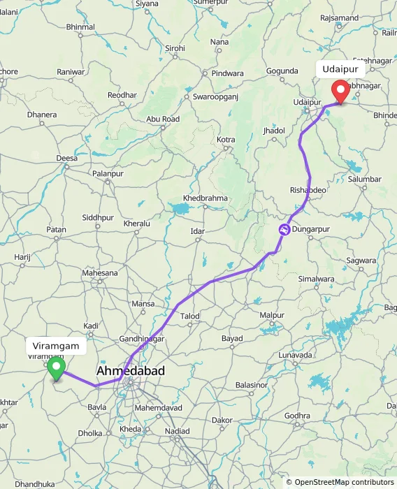 Route map showing distance and travel time from Viramgam, India to Udaipur, India