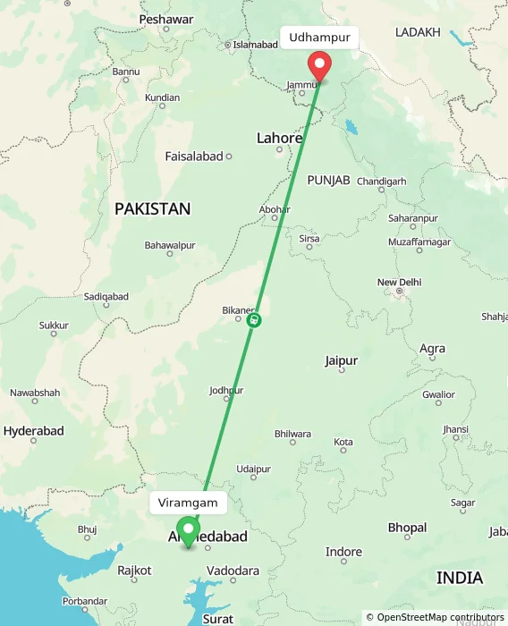 Route map showing distance and travel time from Viramgam, India to Udhampur, India