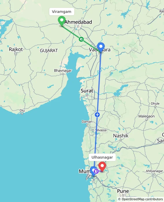 Route map showing distance and travel time from Viramgam, India to Ulhasnagar, India