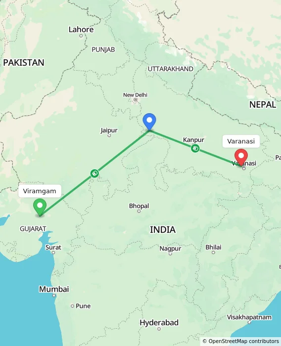 Route map showing distance and travel time from Viramgam, India to Varanasi, India
