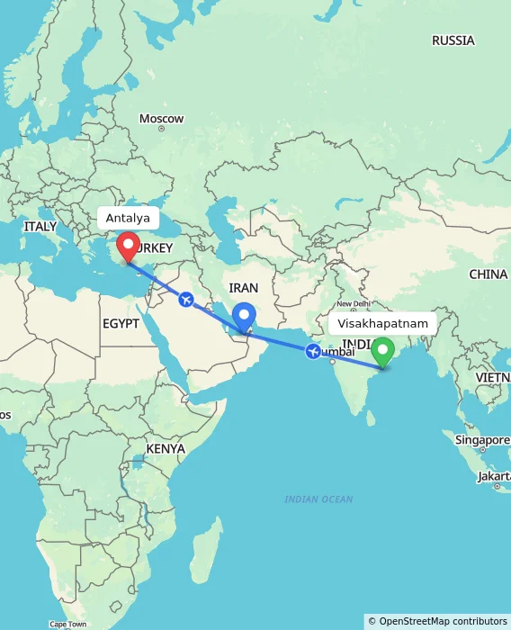 Route map showing distance and travel time from Visakhapatnam, India to Antalya, Turkey