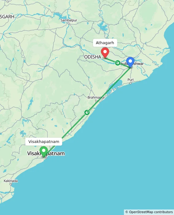 Route map showing distance and travel time from Visakhapatnam, India to Athagarh, India