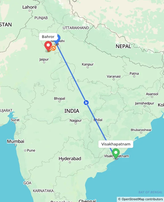 Route map showing distance and travel time from Visakhapatnam, India to Bahror, India