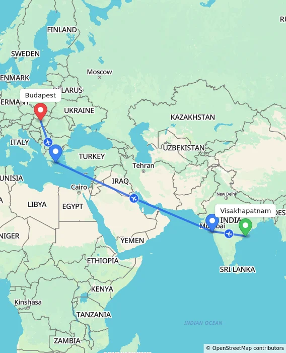 Route map showing distance and travel time from Visakhapatnam, India to Budapest, Hungary