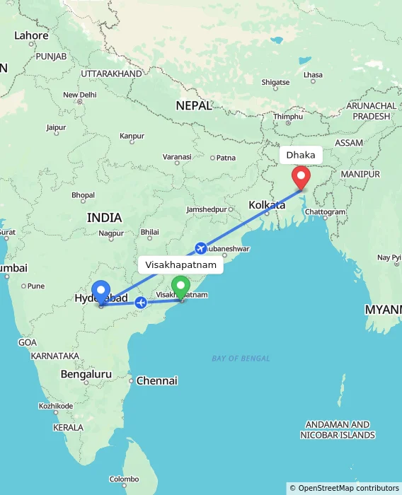 Route map showing distance and travel time from Visakhapatnam, India to Dhaka, Bangladesh