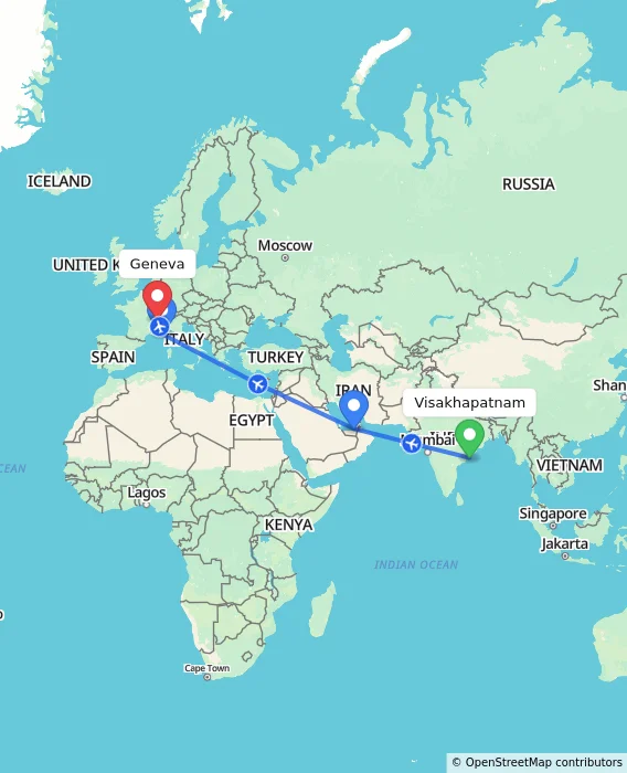 Route map showing distance and travel time from Visakhapatnam, India to Geneva, Switzerland