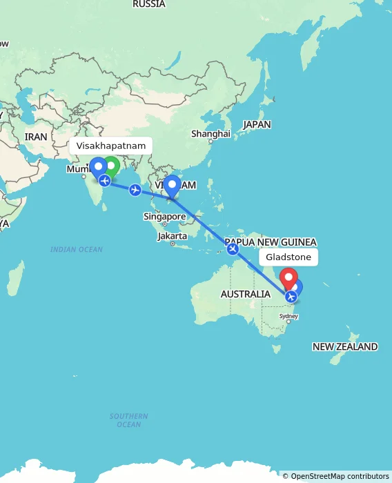 Route map showing distance and travel time from Visakhapatnam, India to Gladstone, Australia