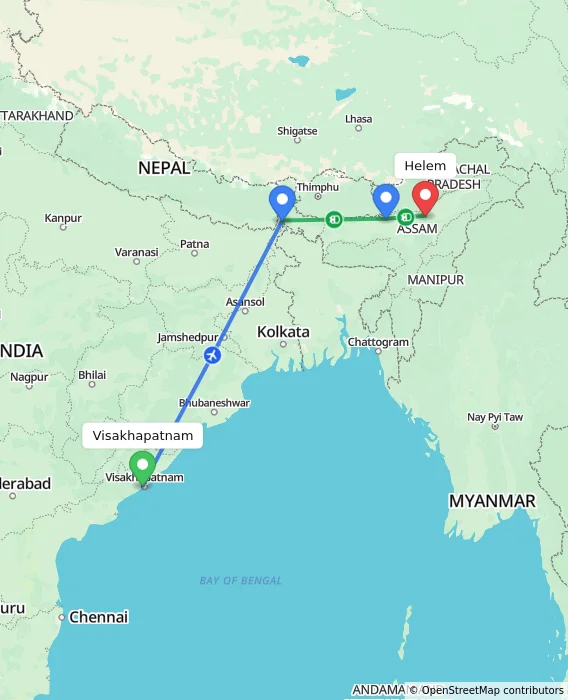 Route map showing distance and travel time from Visakhapatnam, India to Helem, India