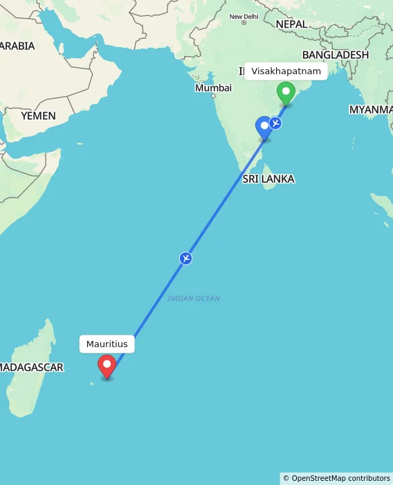 Route map showing distance and travel time from Visakhapatnam, India to Mauritius, Mauritius