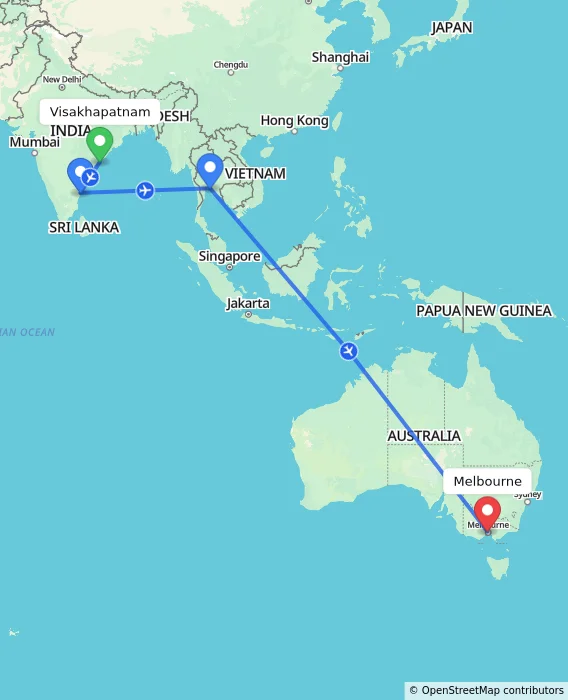Route map showing distance and travel time from Visakhapatnam, India to Melbourne, Australia