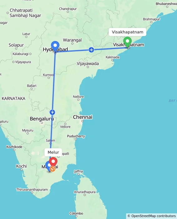 Route map showing distance and travel time from Visakhapatnam, India to Melur, India
