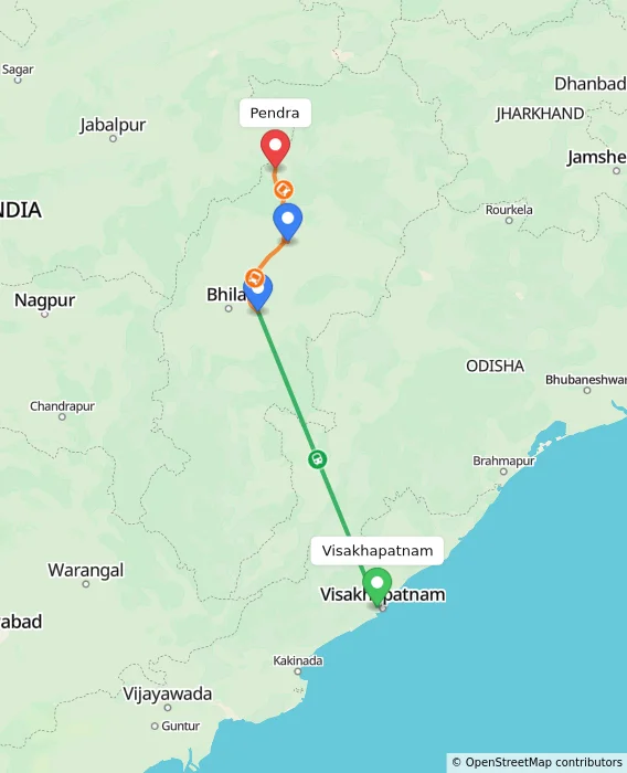 Route map showing distance and travel time from Visakhapatnam, India to Pendra, India