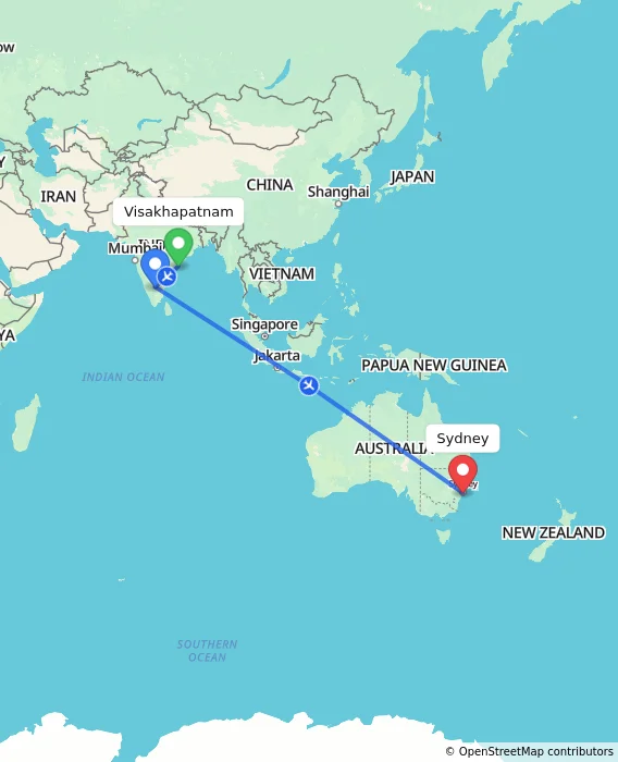Route map showing distance and travel time from Visakhapatnam, India to Sydney, Australia