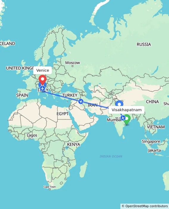 Route map showing distance and travel time from Visakhapatnam, India to Venice, Italy