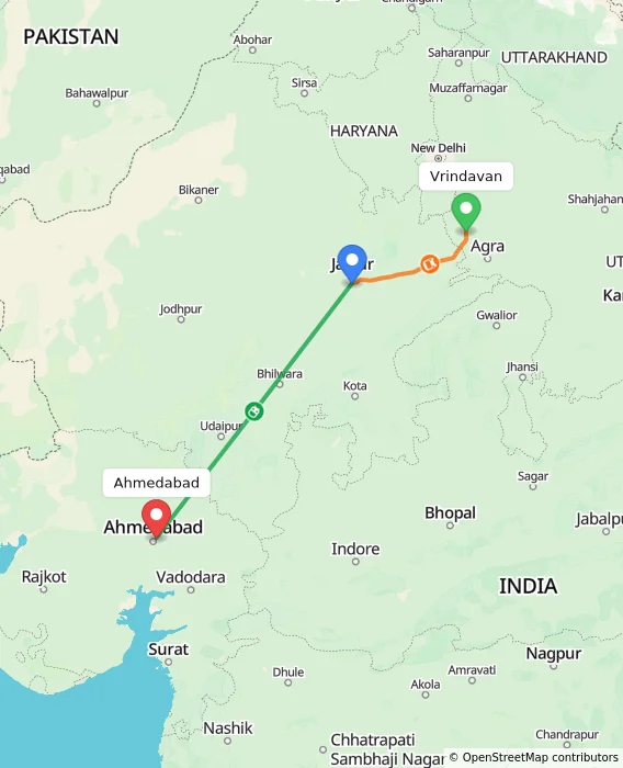 Route map showing distance and travel time from Vrindavan, India to Ahmedabad, India