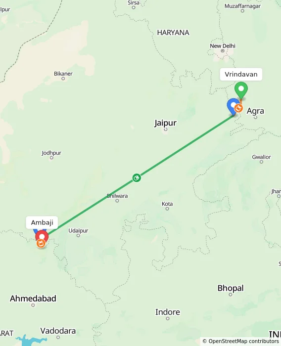 Route map showing distance and travel time from Vrindavan, India to Ambaji, India