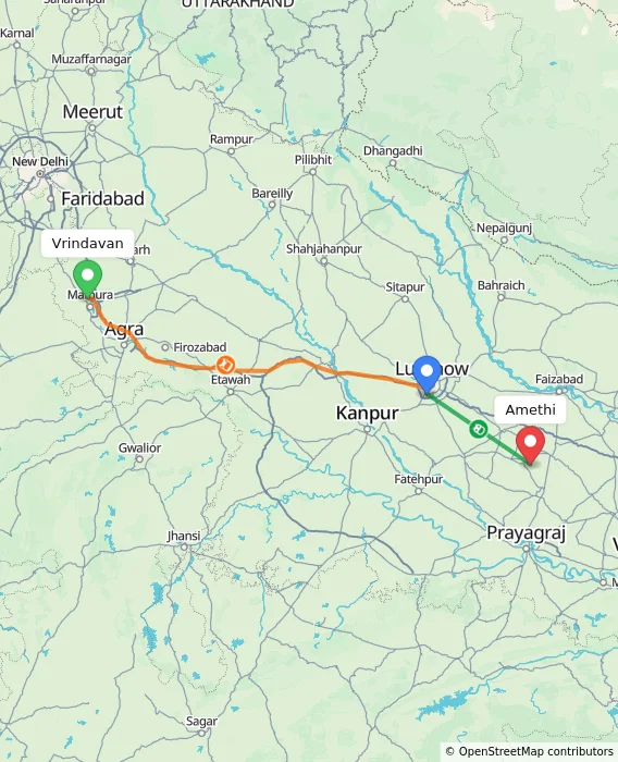 Route map showing distance and travel time from Vrindavan, India to Amethi, India