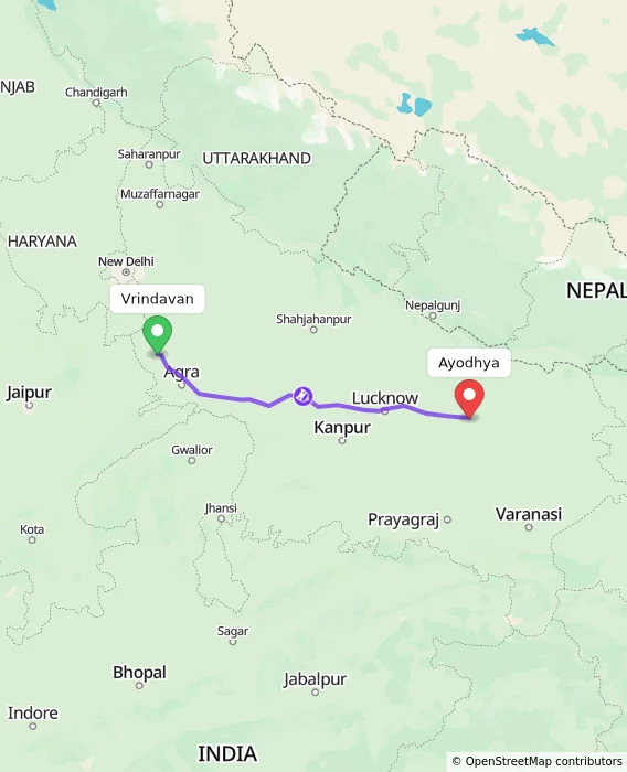 Route map showing distance and travel time from Vrindavan, India to Ayodhya, India