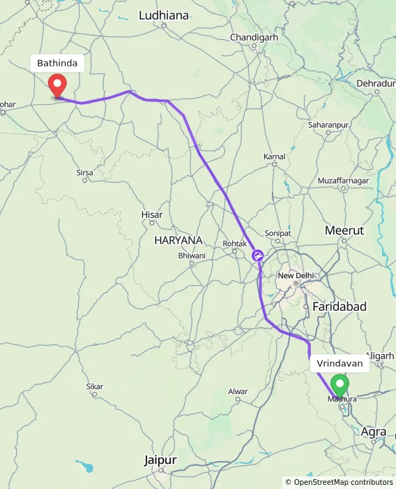 Route map showing distance and travel time from Vrindavan, India to Bathinda, India