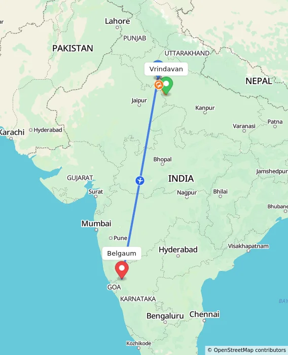 Route map showing distance and travel time from Vrindavan, India to Belgaum, India