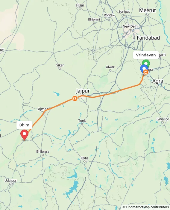 Route map showing distance and travel time from Vrindavan, India to Bhim, India