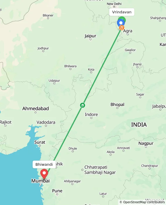 Route map showing distance and travel time from Vrindavan, India to Bhiwandi, India